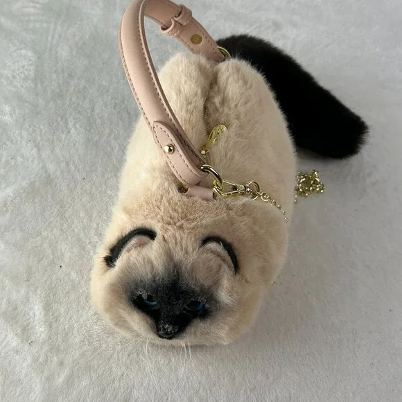 Plush Cat Crossbody Bag - Cream and Black - Picture 1 of 8